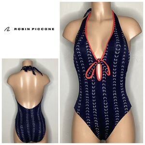 New. Robin Piccone navy plunge neck swimsuit. Size 8. Retails. $179